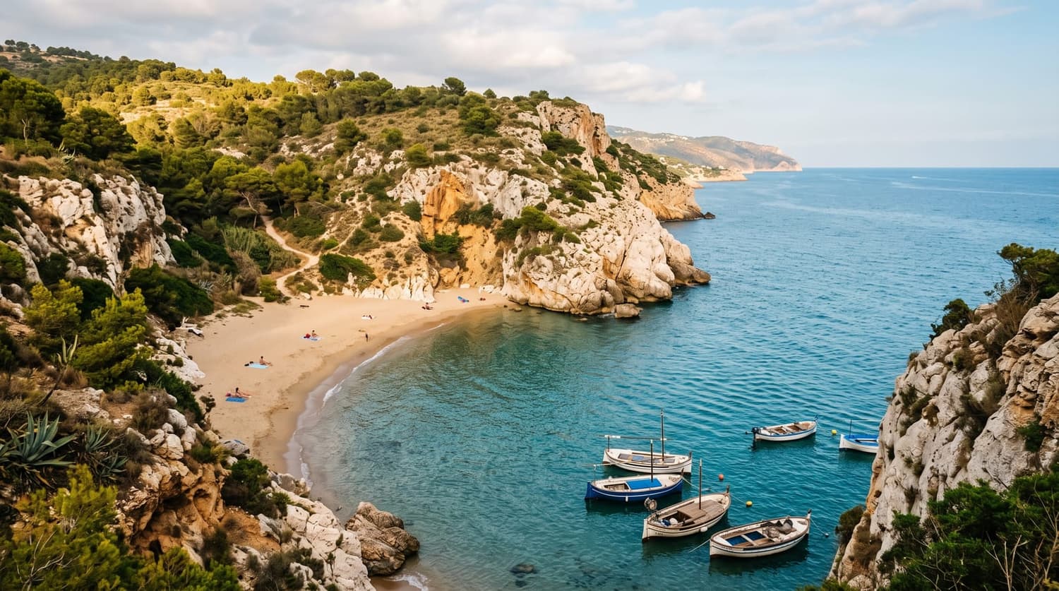 Cala del Garraf con barcas y aguas turquesa entre acantilados